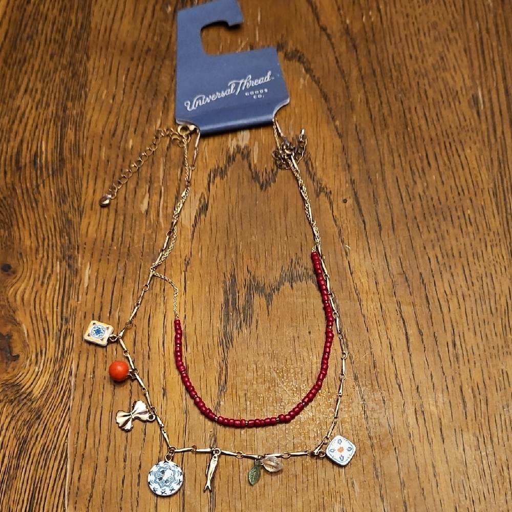 Universal Thread Gold and Red Beaded Necklace